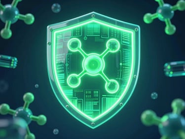A stylized 3d render of a glowing shield protecting digital medical data, neon green and teal lighting