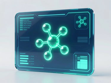 A sleek 3d render of a glowing holographic medical interface, emerald and deep blue tones, glassmorphism