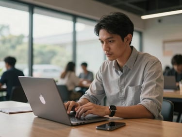 Medium shot of a focused Indonesian professional working on a laptop in a modern co-working space during evening hours, natural window light casting soft shadows, clean digital interface visible.