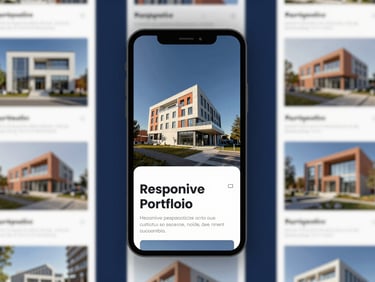 Smartphone showing a responsive portfolio grid of architectural projects, clean lines, high contrast, sharp focus