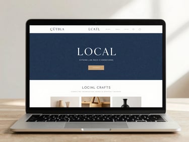 Laptop screen showing a minimalist e-commerce website for local crafts, elegant typography, warm slate accents, soft studio lighting