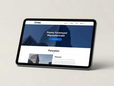 Sleek modern tablet displaying a professional business website interface, clean layout, dark navy and blue tones, neutral background