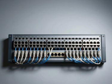 Overhead shot of a precisely cabled network patch panel, cool controlled studio light, sharp shadows emphasizing the ordered geometry of cable runs and port labels, wide crop with generous negative space above, no people