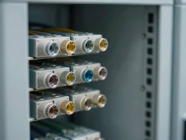Tight close-up of structured fiber optic cable terminations in a telecommunications cabinet, cool north-facing light revealing the precision of each connector, geometric framing with empty space to the right, no people, no signage