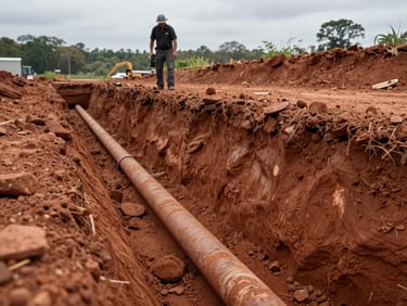 Trench cut through red clay soil with conduit pipe being laid, operator standing at the trench edge inspecting depth, overcast daylight on a Western NC site