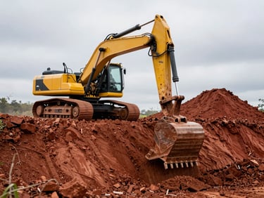 Tracked excavator digging a deep cut into red clay hillside, operator visible in cab, overcast Western North Carolina daylight, spoil pile to the right of frame