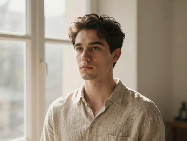 Portrait of a male hair stylist in a neutral linen shirt, warm natural window light, shallow depth of field, 35mm