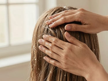 Close up of a stylist's hands gently applying a rich treatment mask to beautiful textured hair, soft warm lighting, 35mm