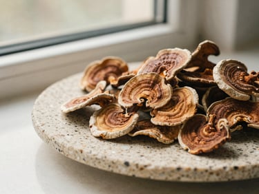 Close up of dried reishi mushroom slices on a textured travertine stone plate, soft morning window light, warm earth tones