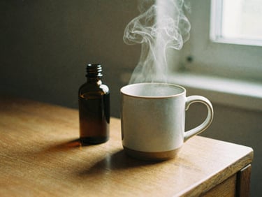 A warm ceramic mug steaming gently next to a dark glass tincture bottle on a wooden bedside table, soft shadows, 35mm film look