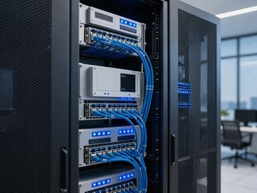 An organized clean server rack with neat blue ethernet cabling and KNX automation modules, soft blue LED indicators