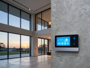 Sleek modern villa interior with high ceilings and floor-to-ceiling windows at golden hour, subtle smart home control panel integrated elegantly into a concrete wall, premium design