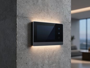 Close-up of a sleek minimalist wall-mounted smart touch panel in a luxury concrete interior, soft warm ambient lighting