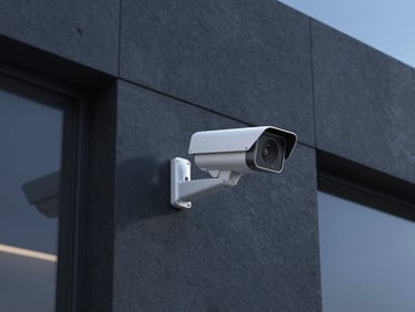 Sleek modern security camera mounted on a dark minimalist architectural concrete wall, high-tech clean design