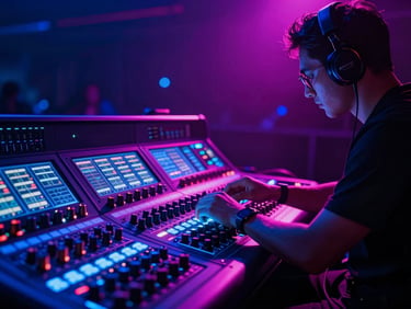 Dramatic close-up of a professional event technician adjusting a sound console, neon blue and magenta ambient stage lighting, high-contrast, 35mm