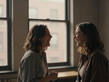 Cinematic film still of a couple laughing candidly in a Brooklyn loft, warm natural window light, muted earth tones, 35mm grain.