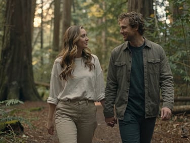 Cinematic film still of a couple walking hand-in-hand through a redwood forest, soft overcast daylight, muted green and taupe tones, shallow depth of field.