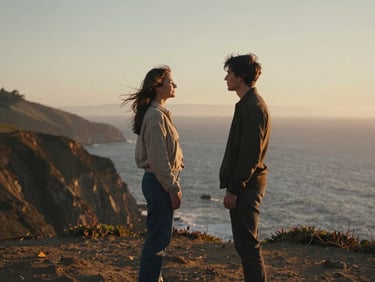 Cinematic 35mm film still of a couple standing on a Big Sur cliffside at golden hour, wind blowing her hair, warm muted tones, shallow depth of field.