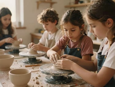 Crianças e pais a participar numa oficina de cerâmica, mãos a trabalhar com argila, em ambiente acolhedor, luz suave e natural.