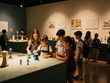 Crianças a explorar uma exposição interativa de ciência num museu moderno, com luz natural, perspetiva média, tons quentes.