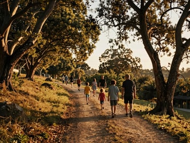 Família a fazer caminhada num parque natural português ao pôr do sol, com árvores e trilhos, perspetiva ampla, luz dourada.