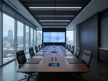 A wide-angle 24mm architectural shot of a modern corporate boardroom in Charlotte, featuring a flush-mounted display, clean conference table with integrated touch panel, and zero visible wires.