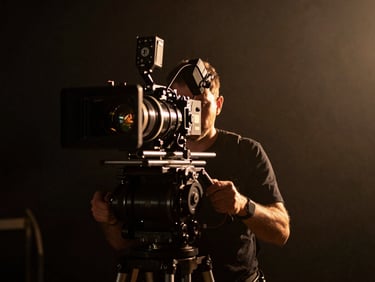 A high-contrast cinematic film still of a director behind a camera rig on a dimly lit set, golden hour light catching the lens flare, rich dark shadows, 35mm anamorphic look.