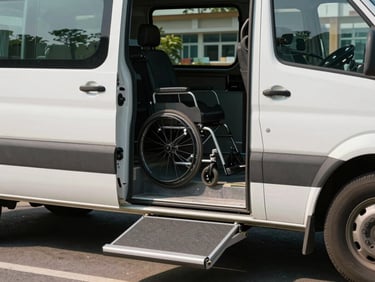 Close-up of a wheelchair accessibility ramp deployed from a white minibus door, mid-morning natural light, vehicle markings visible, school environment in background, no people in frame