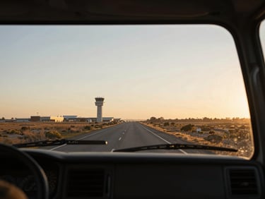 Wide environmental shot from driver perspective inside a Monif minibus on a straight road leading toward Félix Éboué airport, late-afternoon golden light through the windshield, dashboard visible in lower foreground, airport control tower silhouetted on the horizon, no passengers visible