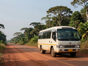 Wide environmental shot, mid-morning natural daylight — a Monif Transport minibus on a red-laterite road flanked by Amazonian vegetation, vehicle exterior clearly showing condition and safety markings, no passengers visible, expansive sky above the treeline to the left, vehicle positioned in the right two-thirds of the frame