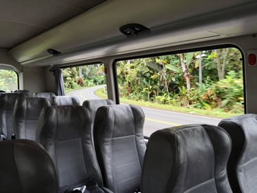 Interior shot of a Monif coach showing padded passenger seats, overhead storage, and a wide window framing the Guianese forest road ahead, natural daylight, no passengers