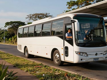 Wide environmental shot of a Monif Transport coach parked at a small inter-city bus stop along a Guiana highway, driver in uniform checking the door mechanism, late-afternoon natural light casting long shadows on the roadside vegetation, no passengers visible