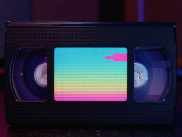 VHS cover art for an 80s sci-fi cult classic, vibrant neon colors, heavy film grain, cinematic still