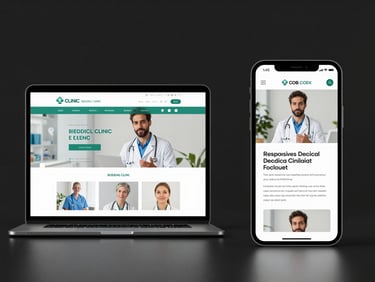 Side-by-side browser mockup showing a responsive medical clinic website on desktop and mobile screens, clean layout, high contrast studio lighting.