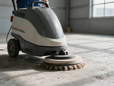Close-up of a professional cleaning technician using a heavy-duty floor scrubber on a light grey concrete surface, bright daylight streaming through warehouse windows.