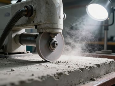 Close-up macro shot of a concrete diamond-grinding machine preparing a rough concrete surface, dust extraction hose attached, bright daylight mixing with industrial overhead light.