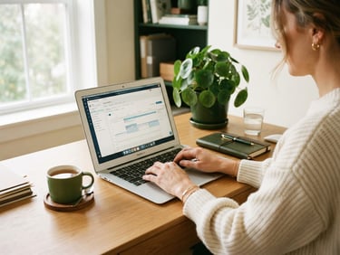 Hands of a remote medical coordinator typing on a laptop in a bright, warm-toned home office, soft natural window light, deep forest green details, professional 35mm