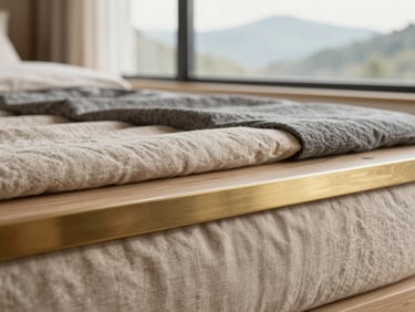 Close-up of premium interior materials, textured linen fabrics layered with brushed brass details and light oak wood, soft morning window light, shallow depth of field