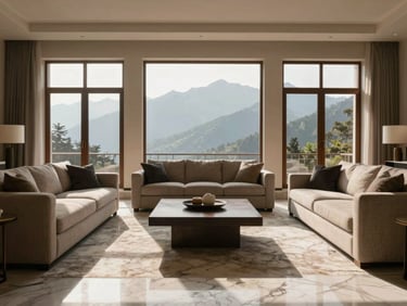 Straight-on architectural photography of a luxurious living room in Dehradun, large windows framing mountain views, soft natural daylight casting long shadows on veined marble floors, textured linen sofas, warm beige and charcoal tones
