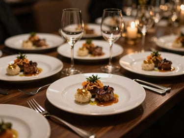 Primer plano de un plato gourmet elegantemente presentado en un banquete de bodas, con iluminación dramática y detalles dorados, estilo cinematográfico.