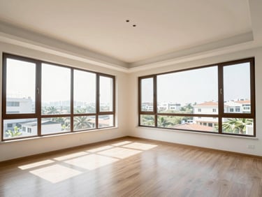 Bright wide-angle interior of a Vaibhavlakshmi apartment, natural light streaming through large windows, realistic room scale