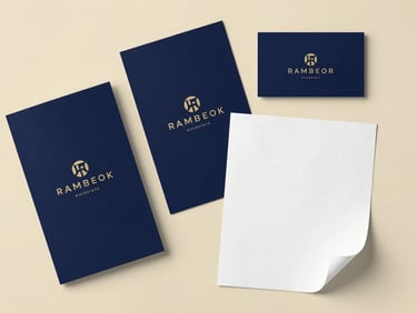 Tight overhead flatlay of printed brand identity assets — business cards, a brand guideline booklet, and a folded letterhead — arranged on a warm cream surface under even studio lighting, all assets showing a cohesive deep navy and warm gold color system, no faces or people