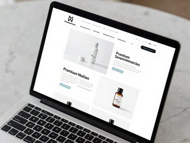 Close-up overhead shot of a premium e-commerce website displayed on a laptop screen, placed on a light marble desk under even studio daylight — product pages visible with high-fidelity typography and clean grid layout, no hands in frame