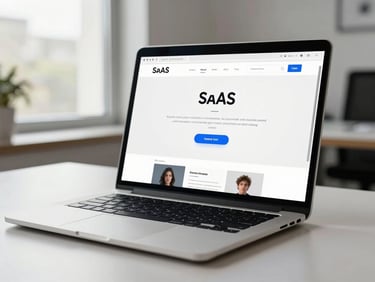 Close-up of a laptop screen displaying a clean SaaS product homepage with a clear headline hierarchy and a prominent call-to-action button, placed on a minimal desk in a bright professional office, even daylight from a large window to the left, camera framing the screen at a slight angle to show depth