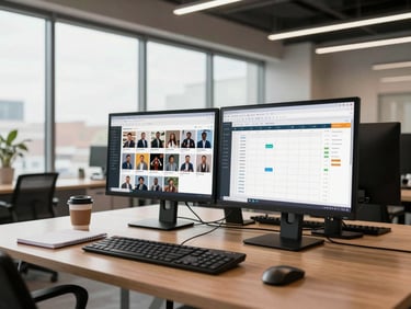 Wide environmental shot of a modern co-working office interior — dual monitors showing a social media content calendar and analytics dashboard, warm daylight from floor-to-ceiling windows, no people, tidy desk surface with a notebook and a coffee cup