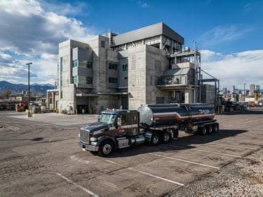 Wide environmental shot of a Rossi Group branded heavy-duty fleet truck parked in front of a modern concrete industrial facility in Denver, crisp high-contrast daylight, dramatic shadows