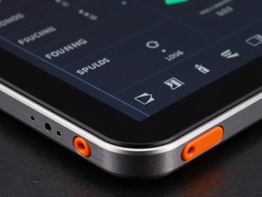 Extreme close-up of a rugged Android tablet displaying a technical diagnostic interface, sharp studio lighting on brushed metal edges, safety orange highlights