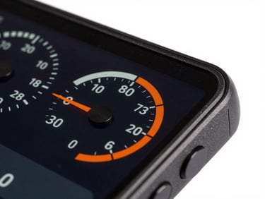Macro shot of a rugged Android device displaying real-time telemetry gauges, high-contrast lighting