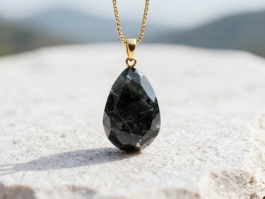 Macro shot of a raw black tourmaline pendant on a delicate gold chain, soft natural mountain daylight, clean white stone backdrop.