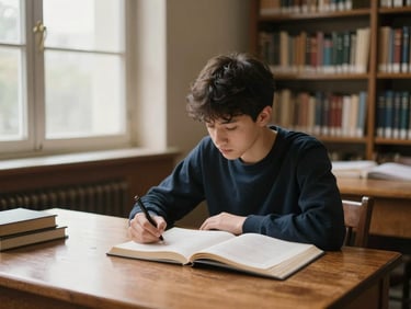 A focused student studying at a wooden desk in a quiet, classic library archive, soft natural window light, rich academic tones, shallow depth of field.